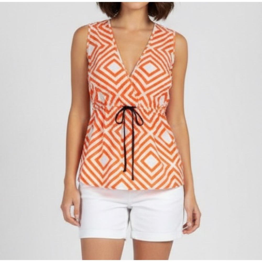 FRANCESCA'S BIRD CAGE Anthropologie ORANGE Geo Print TWILL Deep-V TUNIC TOP Sz S